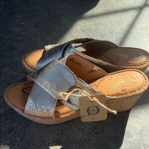 Born Metallic Silver Crisscross Wedge Slide Sandals